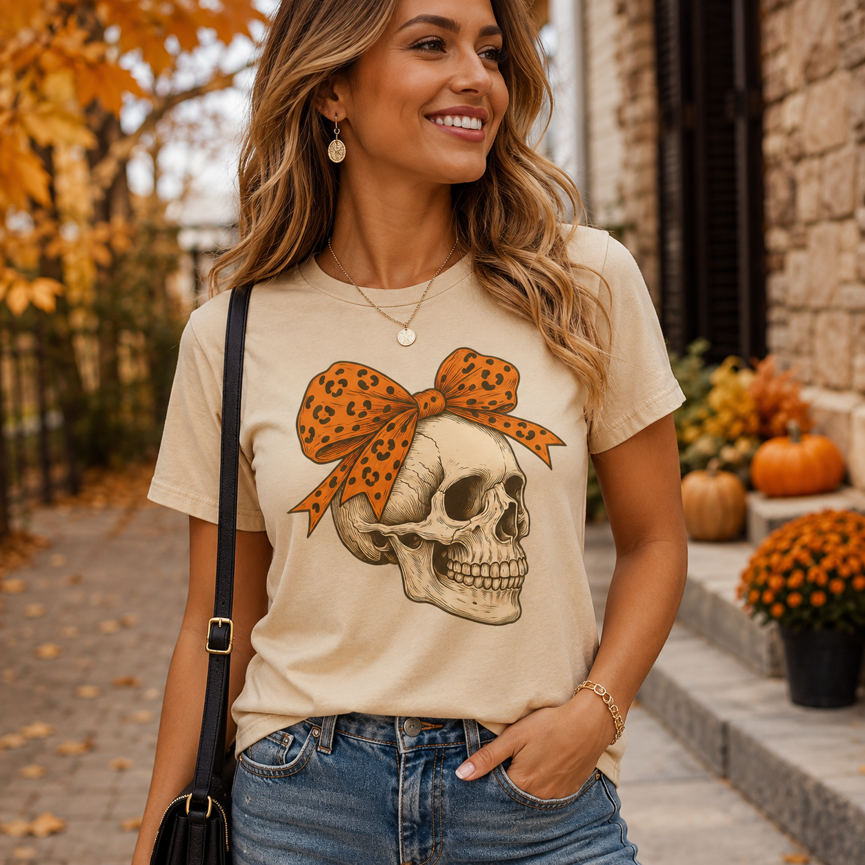 A woman wearing a beige graphic t-shirt with a skull and orange leopard-print bow design, paired with blue jeans, standing outdoors on a stone path with autumn foliage and pumpkins in the background.