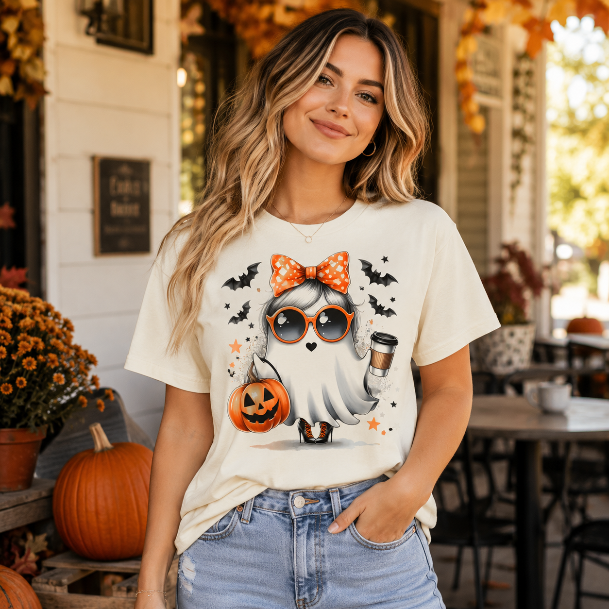 A woman wearing a cream-colored graphic t-shirt with a cartoon ghost holding an orange jack-o'-lantern and a coffee cup, decorated with an orange bow. She is posing outdoors on a porch decorated for Halloween with pumpkins and autumn foliage.