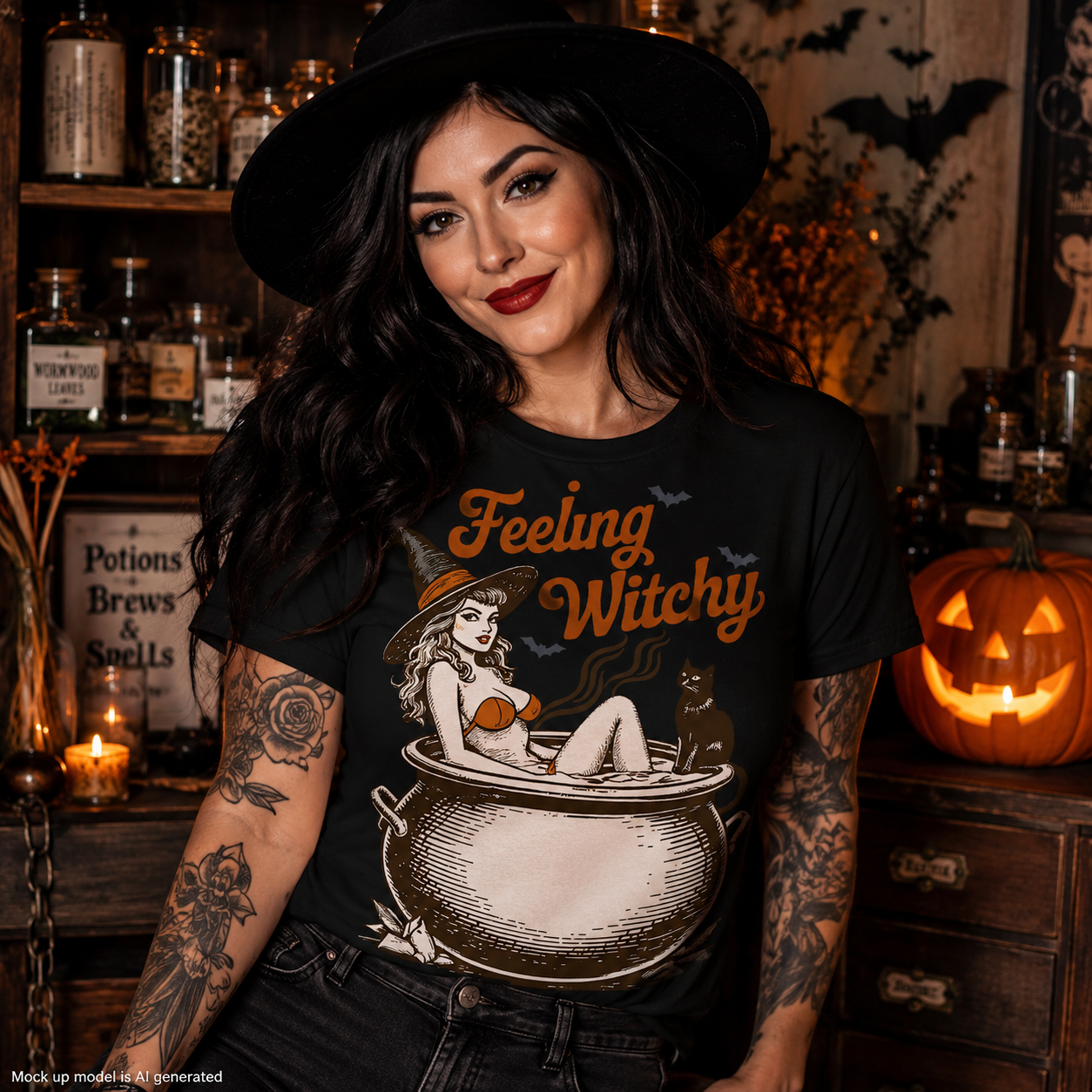 A woman wearing a black witch-themed graphic t-shirt with the text 'Feeling Witchy' and an illustration of a woman in a cauldron, posed in a cozy, dark Halloween-themed room with a glowing jack-o'-lantern and shelves of potion bottles.