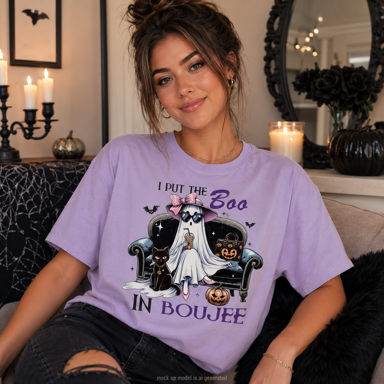 A woman wearing a lavender graphic t-shirt with a Halloween design that reads 'I PUT THE Boo IN BOUJEE'. The t-shirt features a ghost in a pink hat sitting on a chaise with pumpkins and bats.