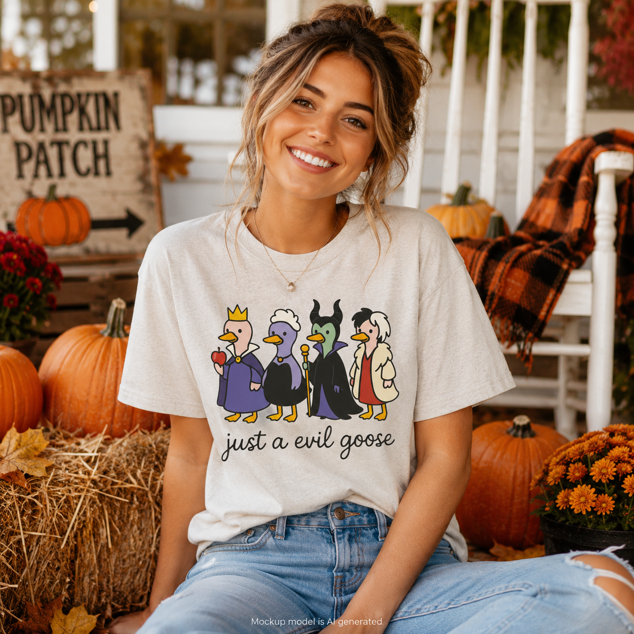 A woman wearing a light beige graphic t-shirt with cartoon goose characters and the text 'just a evil goose', sitting in a fall-themed outdoor setting with pumpkins and a porch chair.