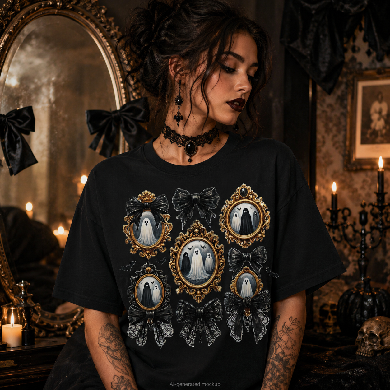 A woman wearing a black t-shirt with a gothic graphic print featuring ghost portraits in ornate gold frames and black bows. The background is a dark, moody gothic room with candles, a large mirror, and black ribbons.