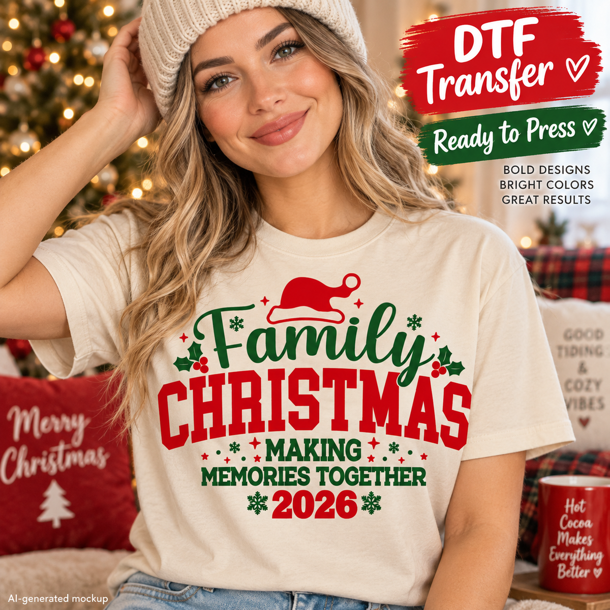 Family Christmas 2026 DTF transfer mockup on a cream T-shirt featuring red and green holiday lettering, Santa hat, holly, snowflakes, and festive Christmas décor.