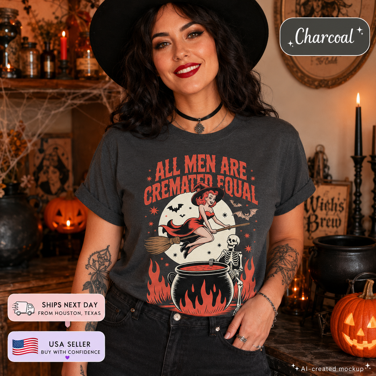A woman wearing a charcoal graphic t-shirt with a Halloween design featuring a witch riding a broomstick over a cauldron and a skeleton. The background is a cozy, warmly lit Halloween-themed room with candles, pumpkins, and a cauldron.