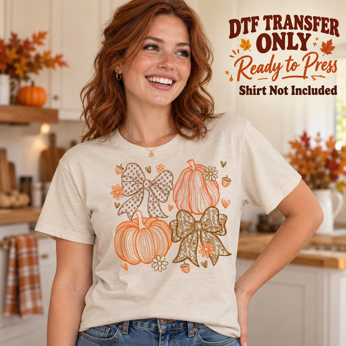 Fall Pumpkins and Bows design shown on a cream shirt worn by a model; DTF transfer only, shirt not included.