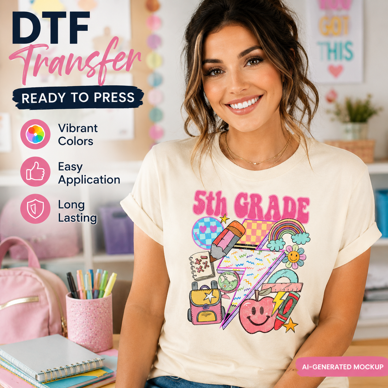 Woman wearing a '5th Grade' themed t-shirt with colorful graphics in a classroom setting.