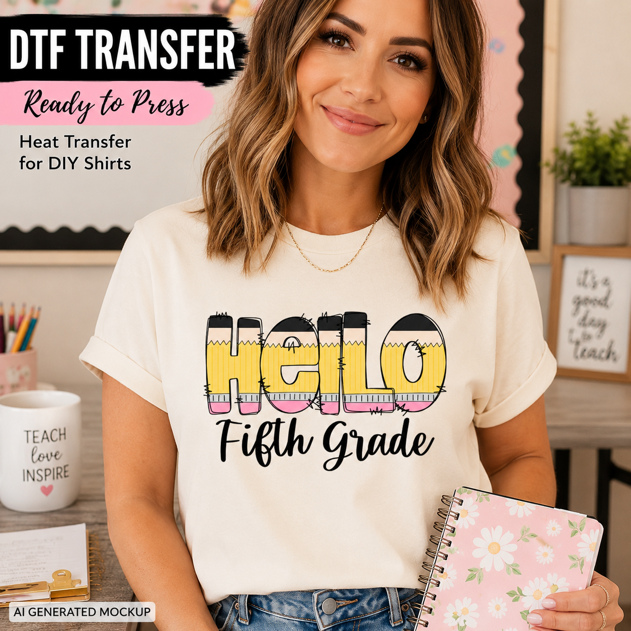 Woman wearing a white t-shirt with 'Hello Fifth Grade' design, holding a notebook in an office setting.