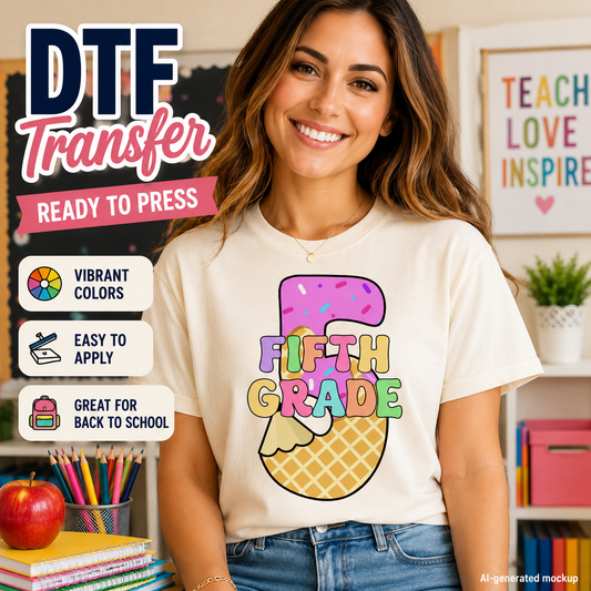 Woman wearing a t-shirt with 'Fifth Grade' design, surrounded by educational items.