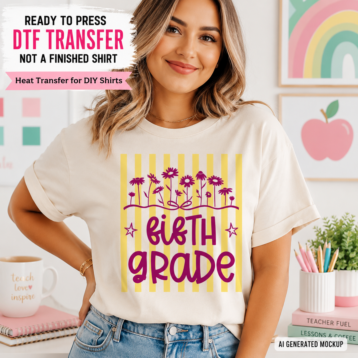 Woman wearing a t-shirt with 'Fifth grade' design in a classroom setting