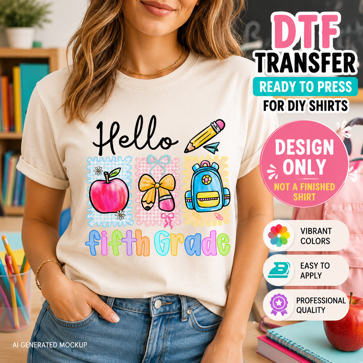 Person wearing a t-shirt with 'Hello Fifth Grade' design, surrounded by school-themed items.