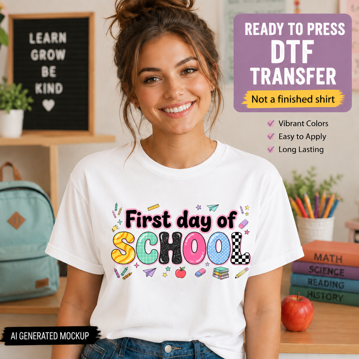 Woman wearing a white t-shirt with 'First day of School' design, standing in a classroom setting.
