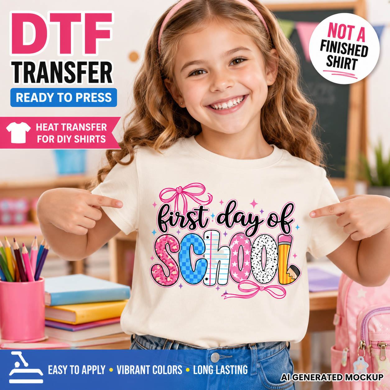 Child wearing a 'First Day of School' shirt with classroom background
