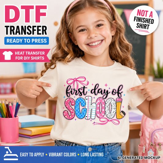 Child wearing a 'First Day of School' shirt with classroom background