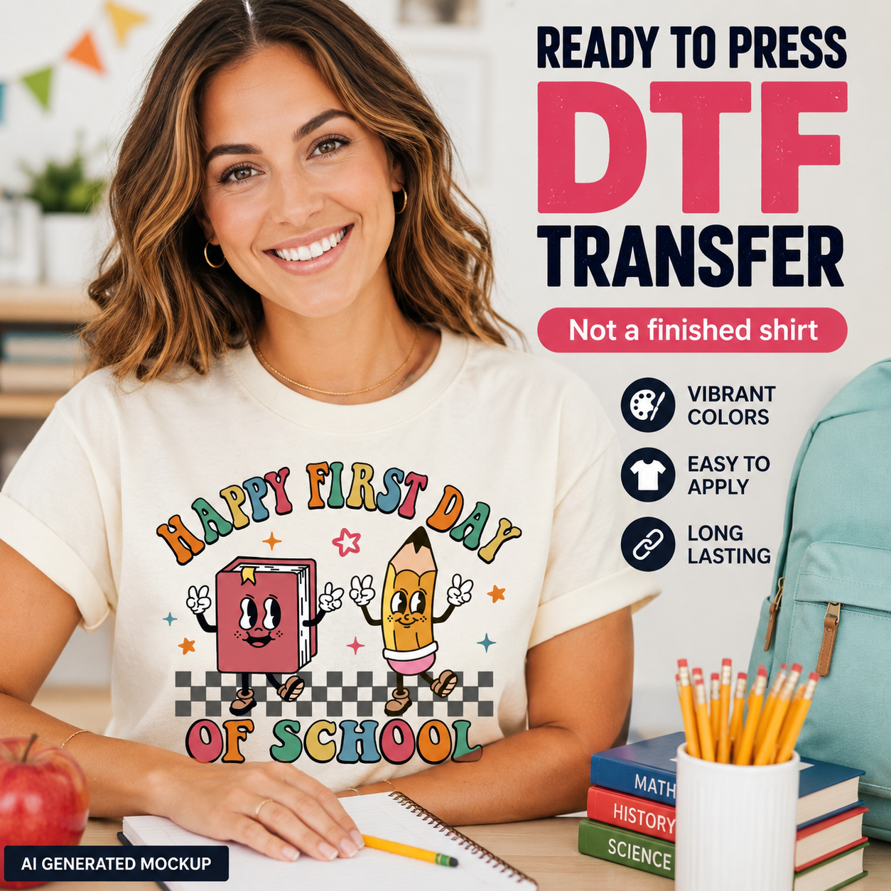 Woman wearing a 'Happy First Day of School' t-shirt with promotional text for DTF transfers.