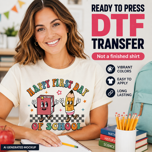 Woman wearing a 'Happy First Day of School' t-shirt with promotional text for DTF transfers.