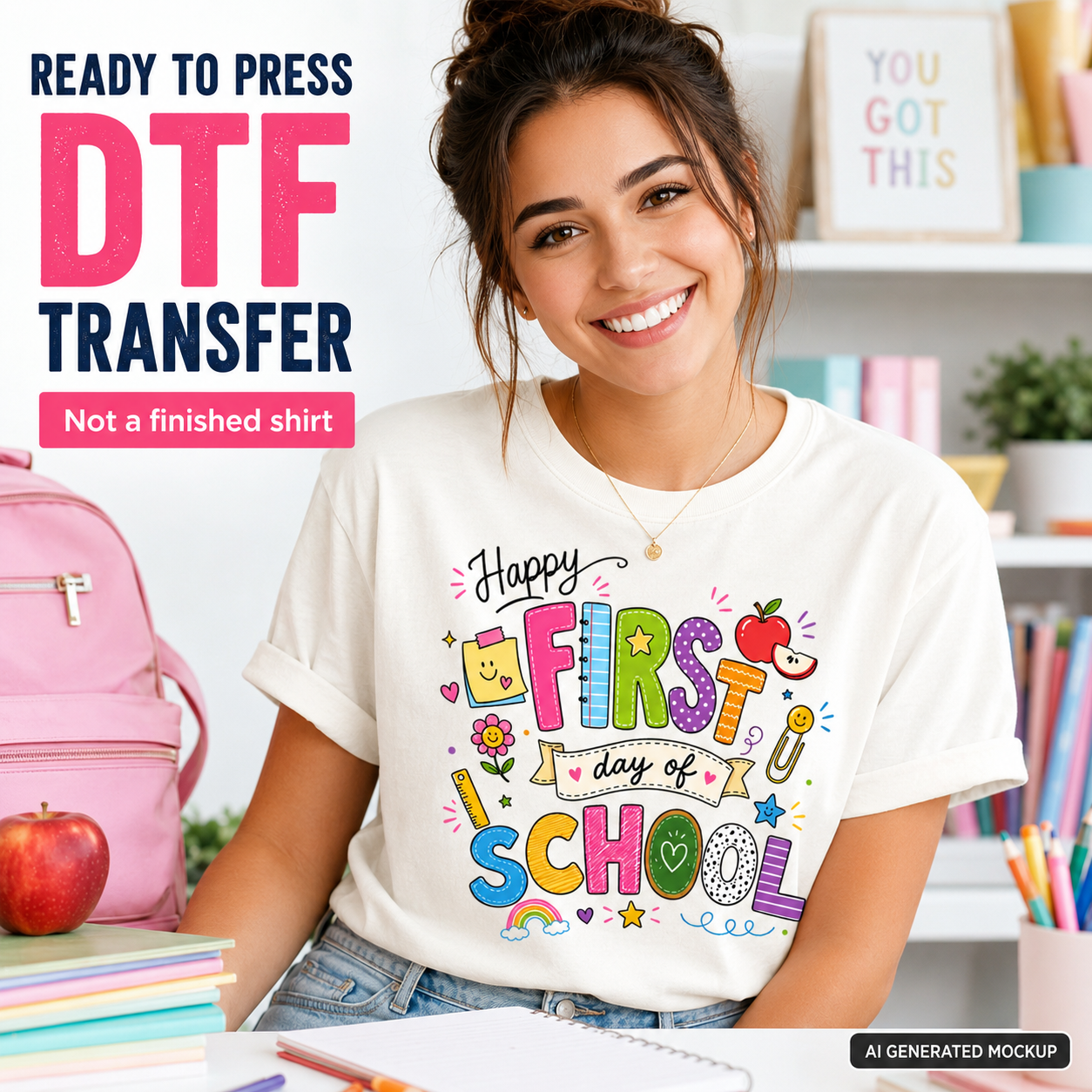 Person wearing a 'Happy First Day of School' t-shirt with educational items in the background