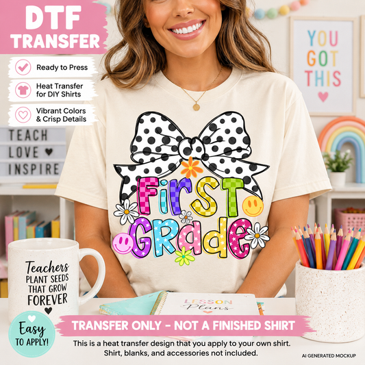 Woman wearing a 'First Grade' t-shirt with colorful text and a bow design, surrounded by classroom items.