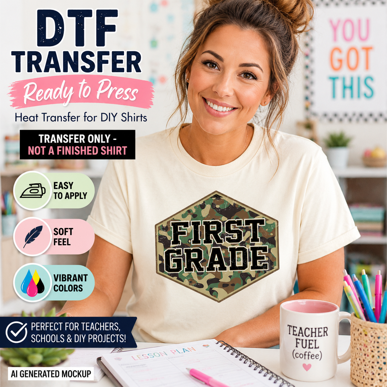 Woman wearing a 'First Grade' t-shirt with promotional text about DTF transfers.