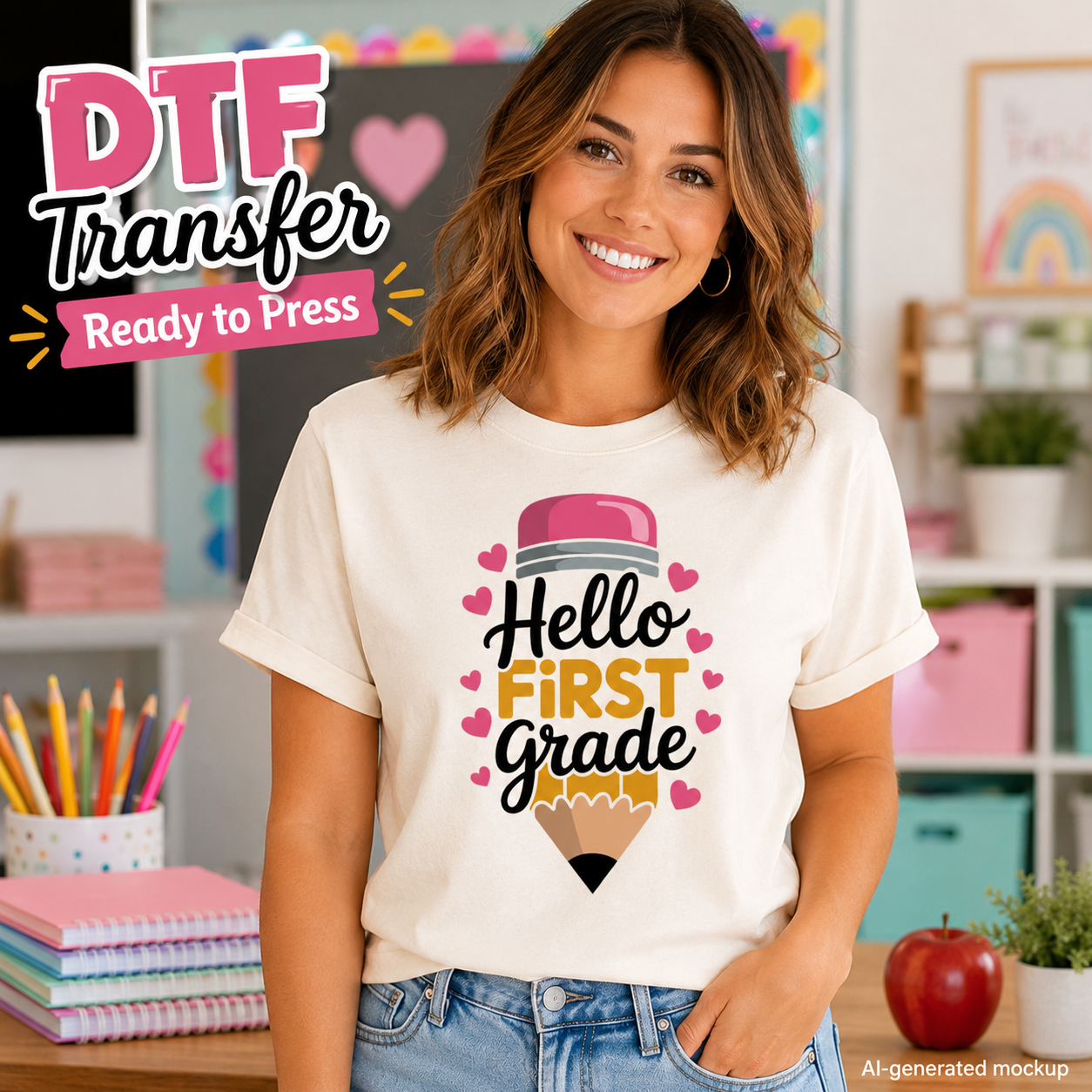 Woman wearing a t-shirt with 'Hello First Grade' design in a classroom setting