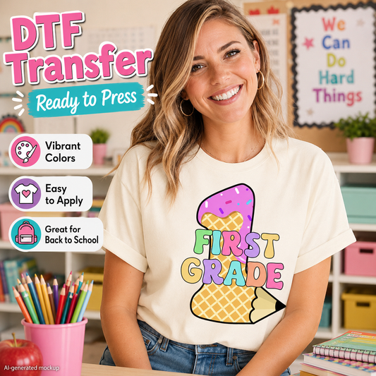 Woman wearing a 'First Grade' t-shirt with colorful design in a classroom setting