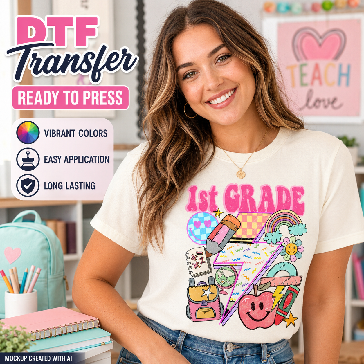 Woman wearing a '1st Grade' themed t-shirt with colorful graphics in a classroom setting.