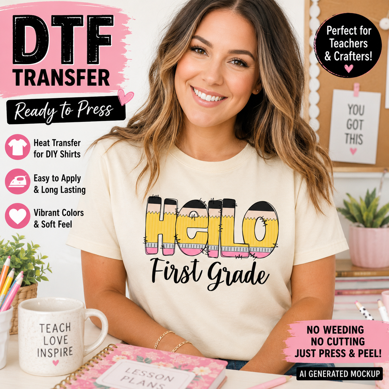 Woman wearing a 'Hello First Grade' t-shirt with promotional text about DTF transfers.