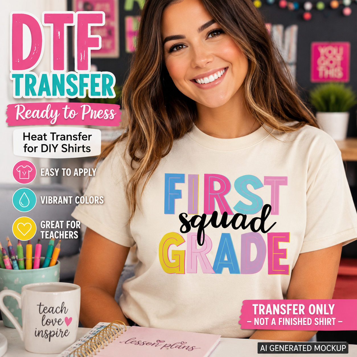 Woman wearing a 'First Squad Grade' t-shirt with promotional text about DTF transfer for DIY shirts.