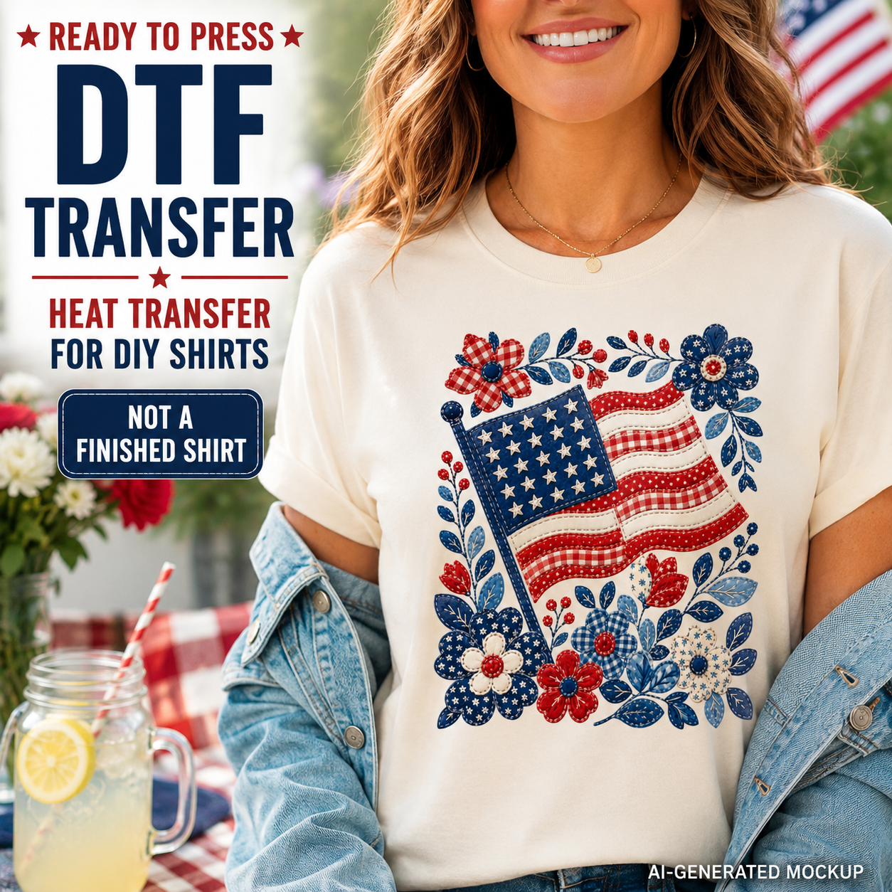 Woman wearing a t-shirt with an American flag design, with text about DTF transfers.