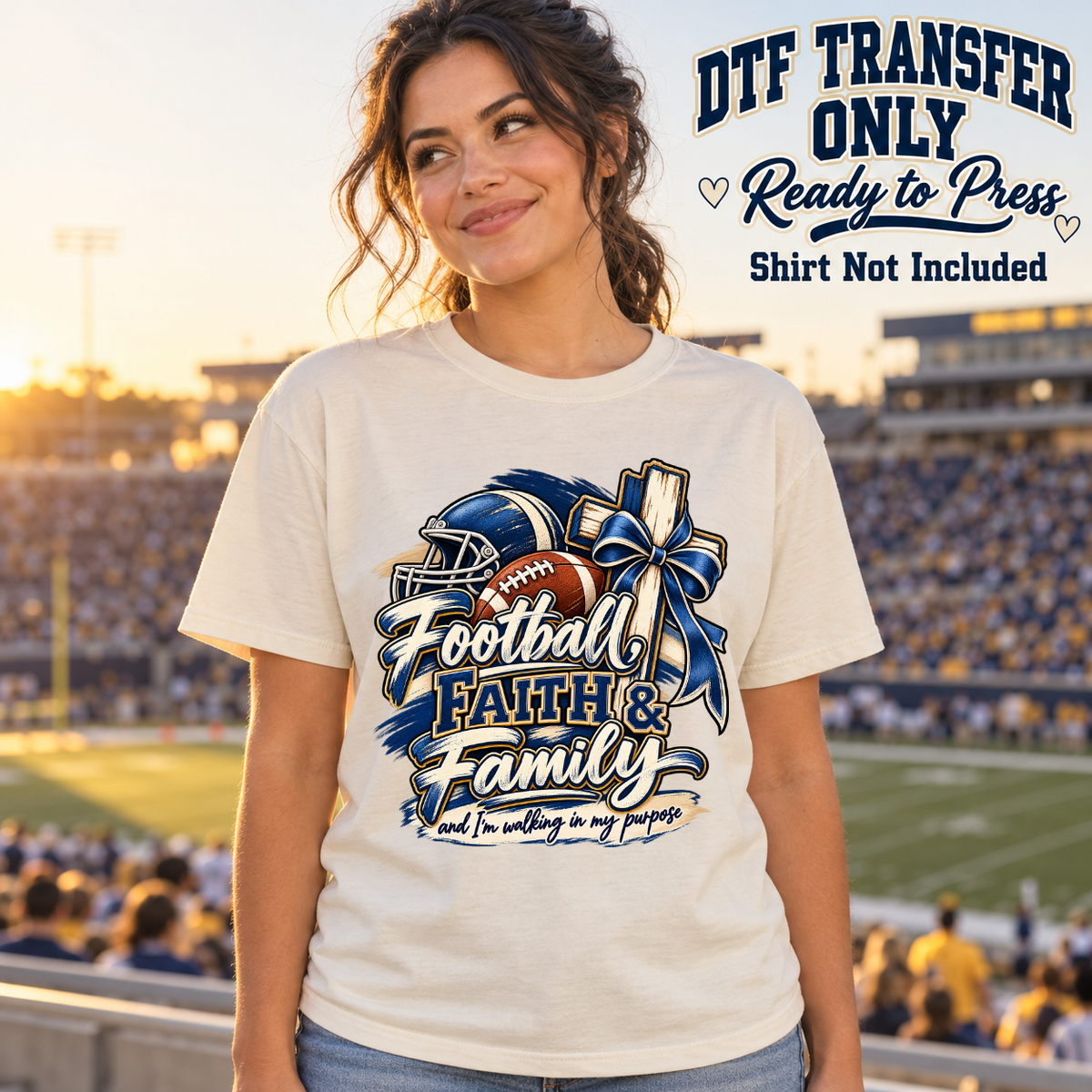Football Faith and Family Blue Bow design shown on a cream shirt worn by a model; DTF transfer only, shirt not included.