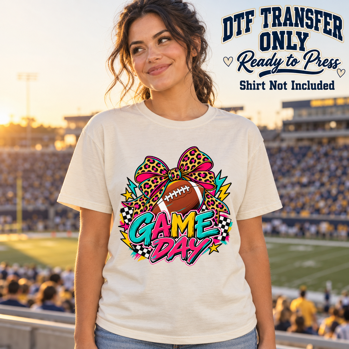 Football Game Day Neon Leopard Bow design shown on a cream shirt worn by a model; DTF transfer only, shirt not included.