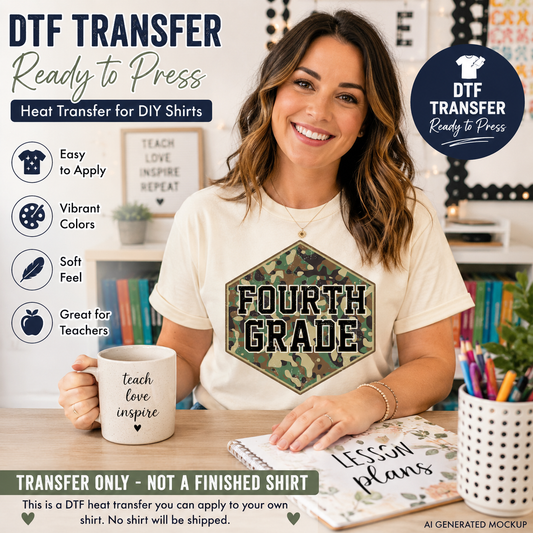Fourth Grade DTF Transfer Camo School Design Ready to Press Iron On Heat Transfer 13862