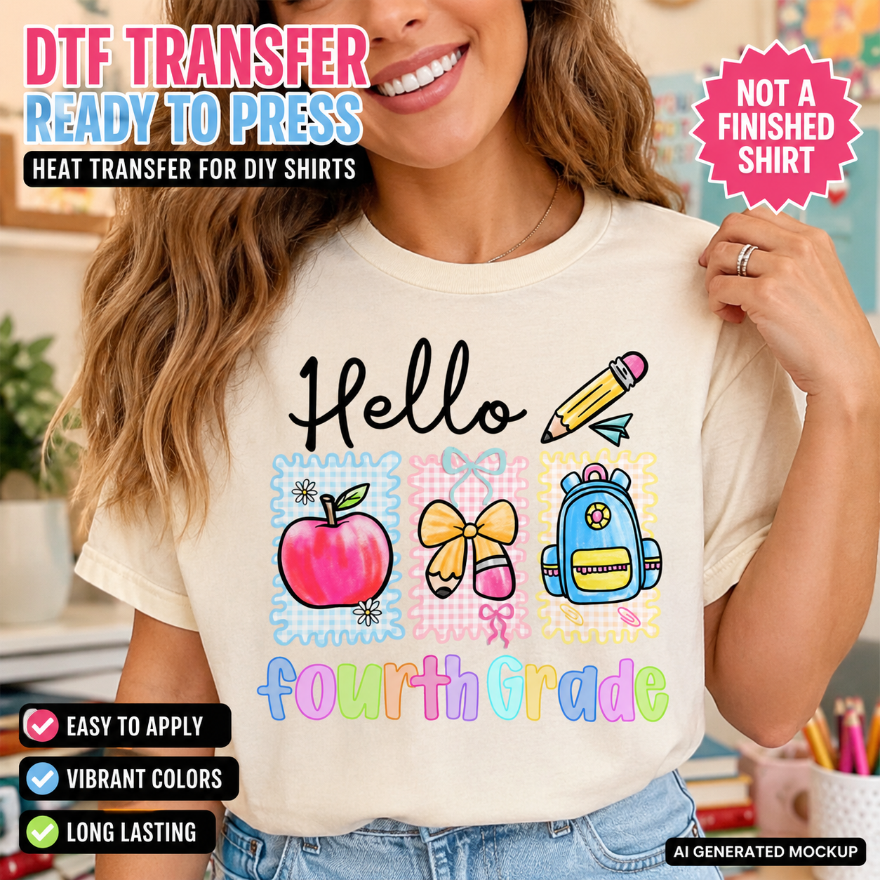 Person wearing a t-shirt with 'Hello Fourth Grade' design and promotional text about DTF transfers.