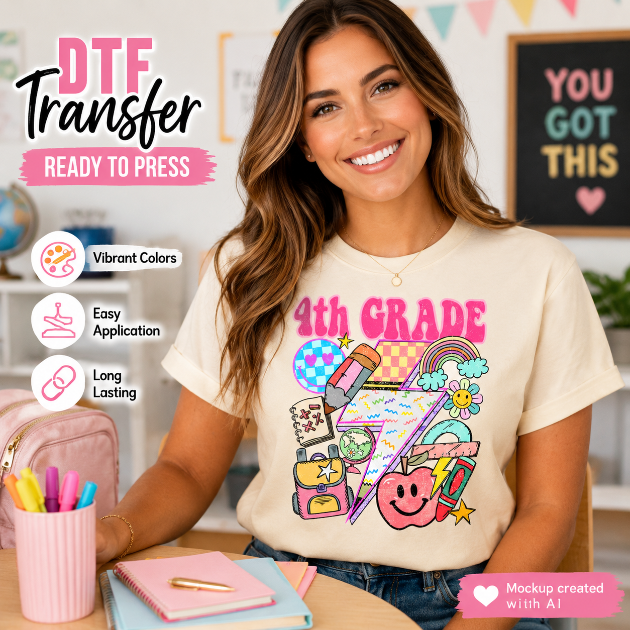 Woman wearing a '4th Grade' themed t-shirt with colorful graphics in a classroom setting.