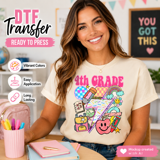 Woman wearing a '4th Grade' themed t-shirt with colorful graphics in a classroom setting.