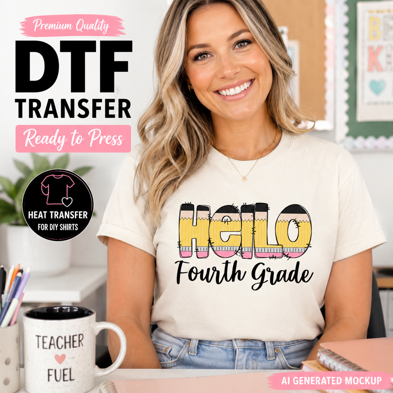 Woman wearing a t-shirt with 'Hello Fourth Grade' text, sitting at a desk with a mug labeled 'Teacher Fuel'.