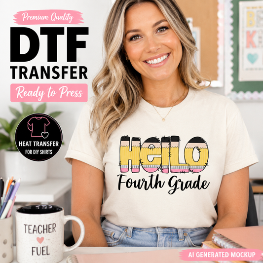 Woman wearing a t-shirt with 'Hello Fourth Grade' text, sitting at a desk with a mug labeled 'Teacher Fuel'.