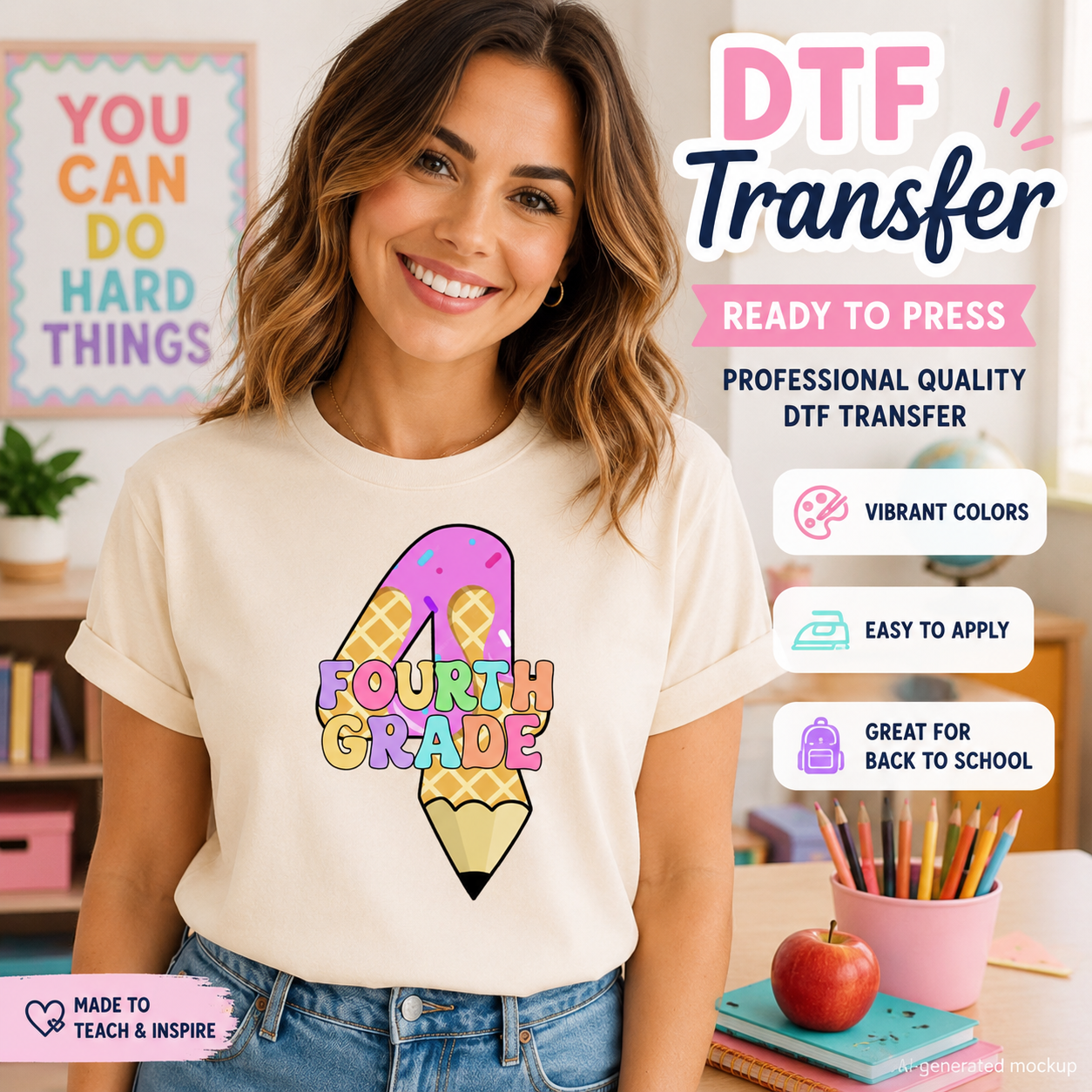 Woman wearing a t-shirt with 'Fourth Grade' design in a classroom setting