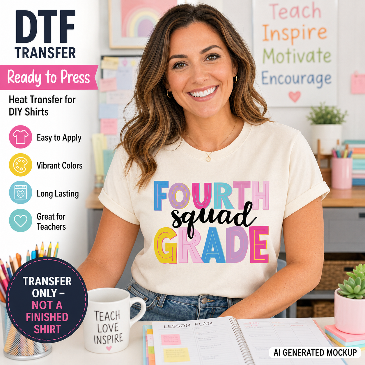 Woman wearing a 'Fourth Squad Grade' t-shirt in a classroom setting with DTF transfer product information.