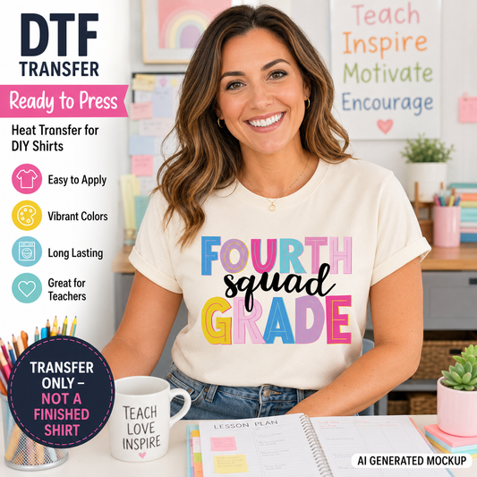 Woman wearing a 'Fourth Squad Grade' t-shirt in a classroom setting with DTF transfer product information.