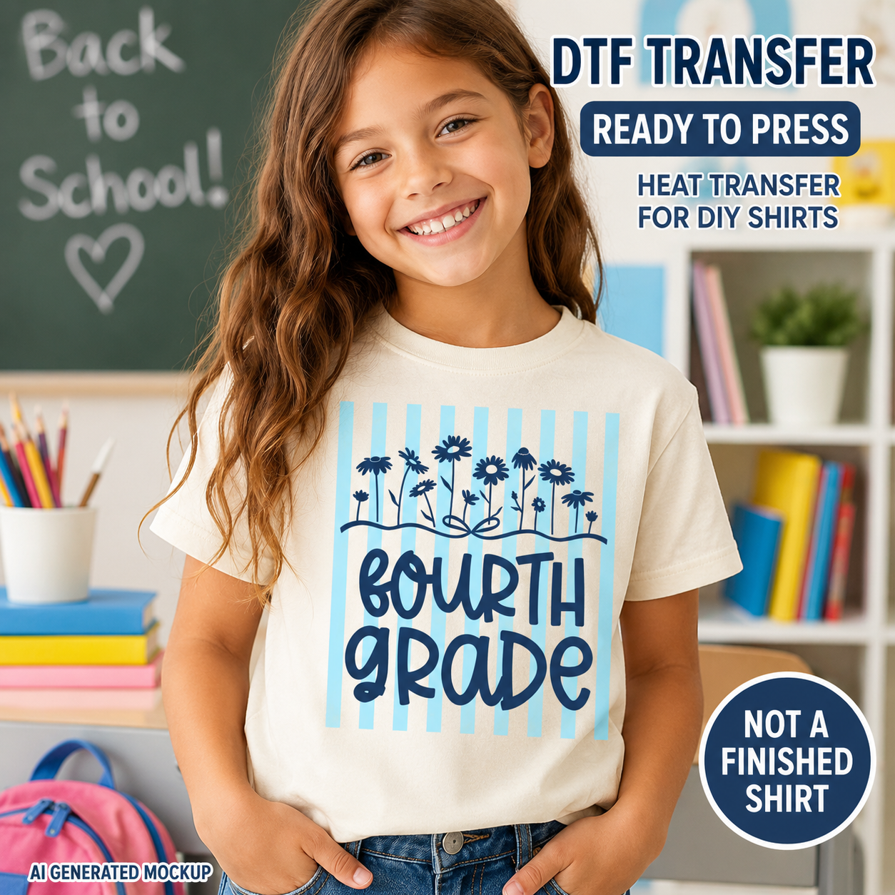 Child wearing a 'Fourth Grade' t-shirt with a classroom background