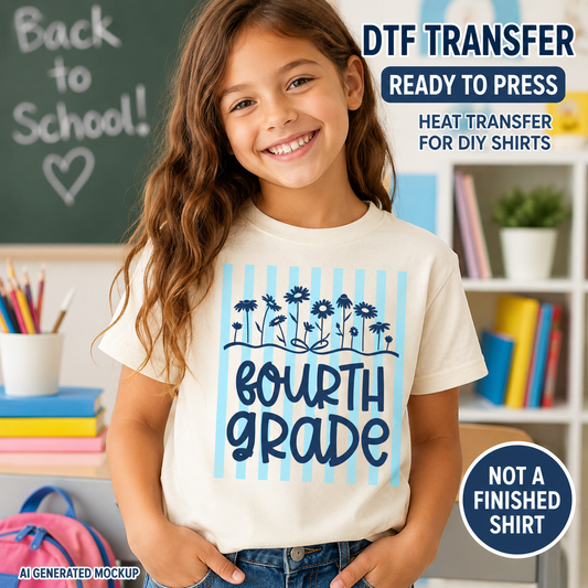 Child wearing a 'Fourth Grade' t-shirt with a classroom background