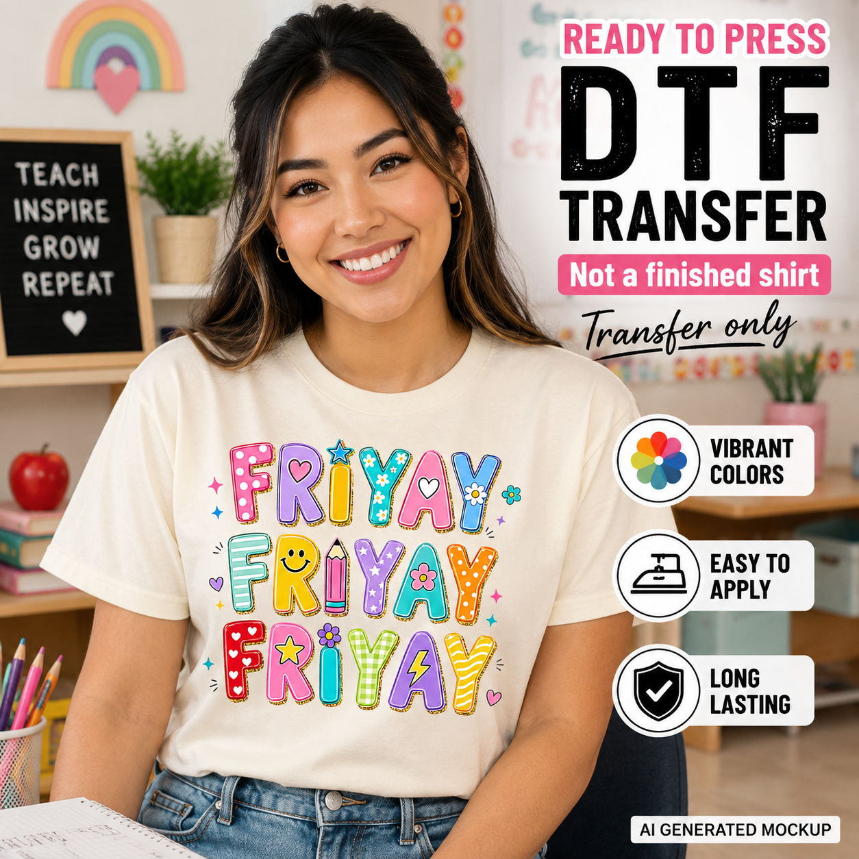 Person wearing a t-shirt with 'FRIYAY' text and promotional text for DTF transfer