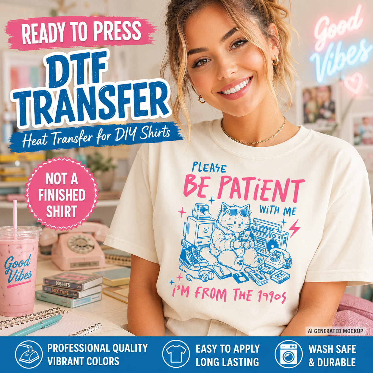 Woman wearing a t-shirt with a graphic design and promotional text for DTF transfer heat press