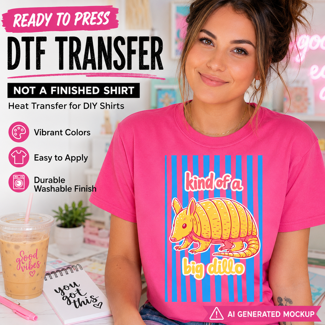Woman wearing a pink t-shirt with an armadillo graphic and text, sitting at a desk.
