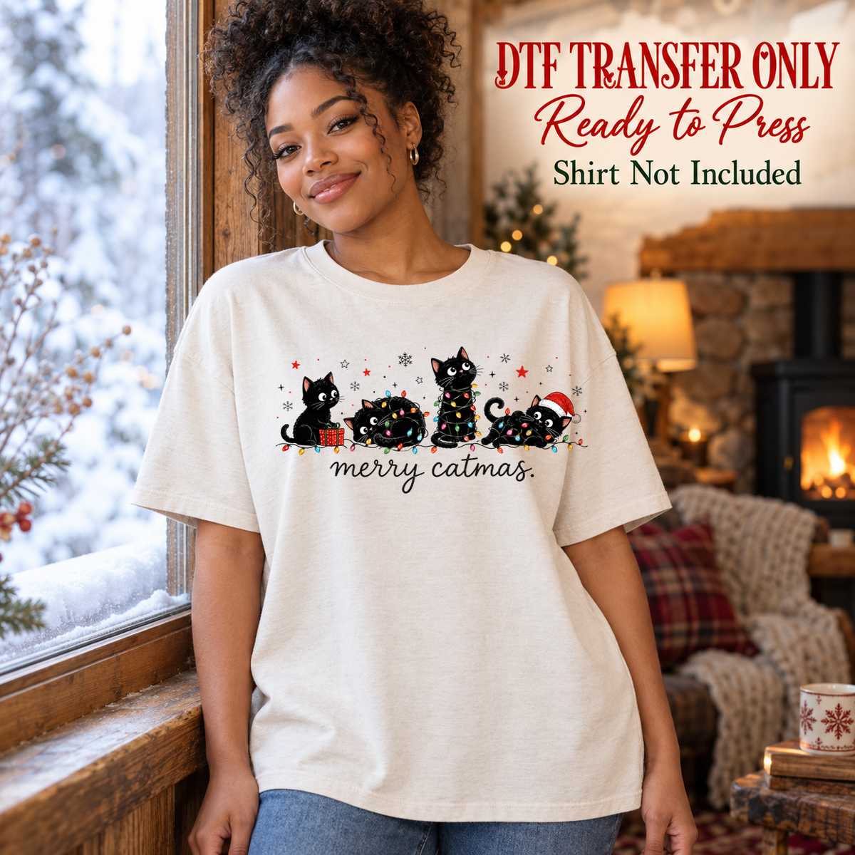Funny Christmas Merry Catmas design shown on a cream shirt worn by a model; DTF transfer only, shirt not included.
