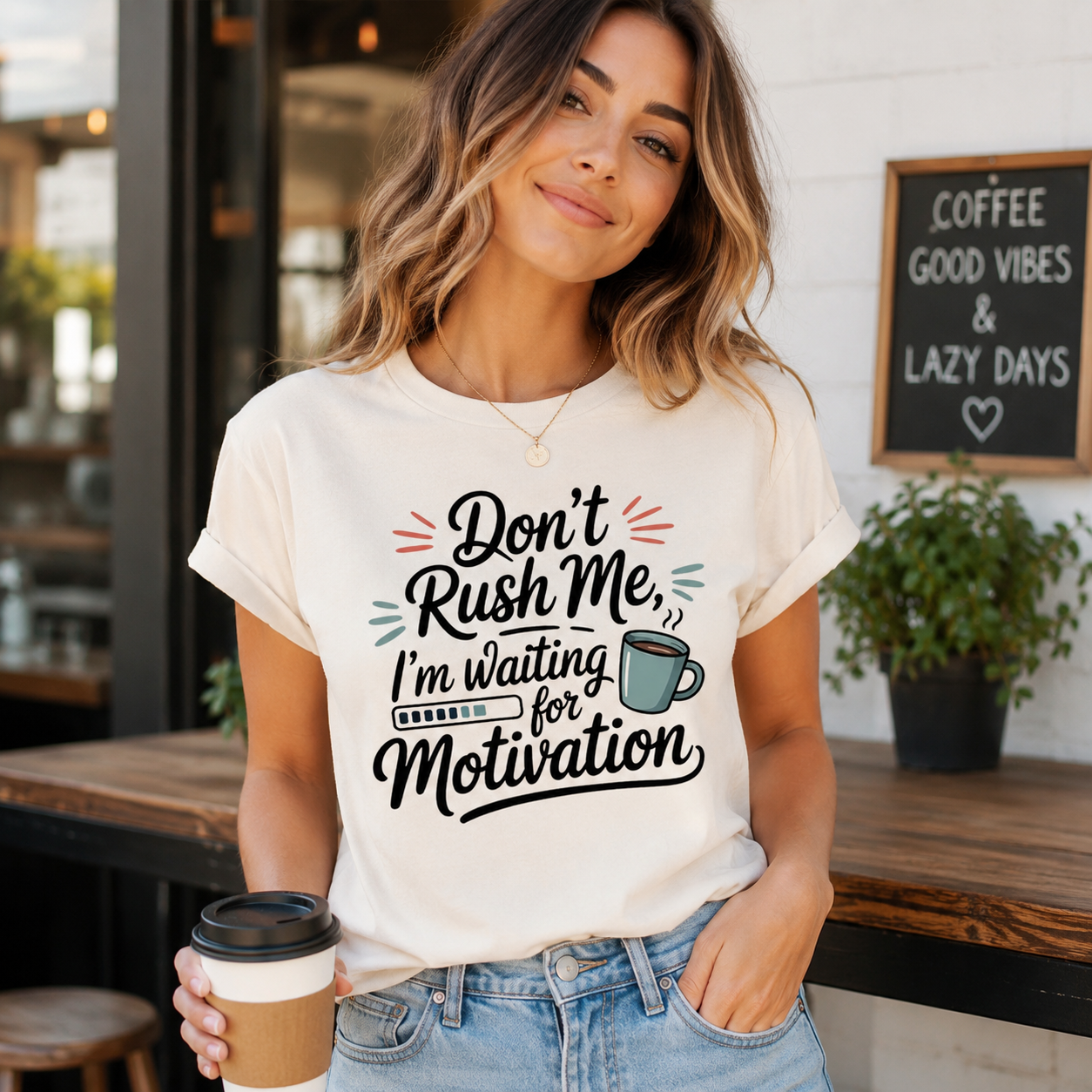 Funny coffee shirt mockup featuring Don’t Rush Me, I’m Waiting for Motivation ready to press dtf transfer on a cream tee