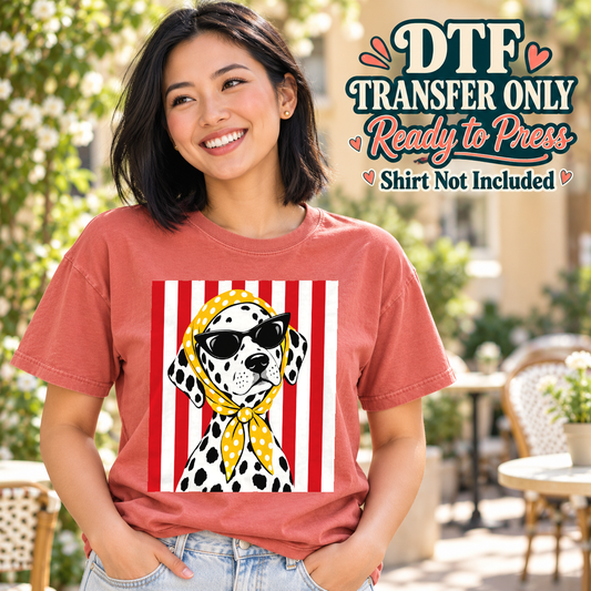 Funny Dalmatian Sunglasses Portrait design shown on a red shirt worn by a model; DTF transfer only, shirt not included.