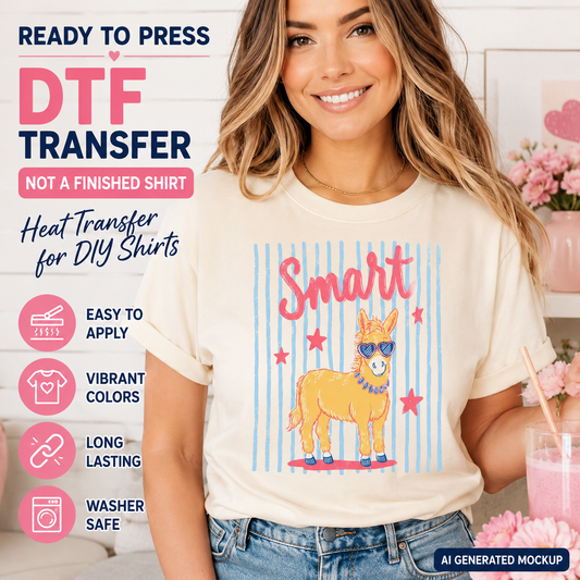 Woman wearing a funny donkey DTF transfer shirt with smart lettering and sunglasses design, ready to press heat transfer for sassy humor shirts
