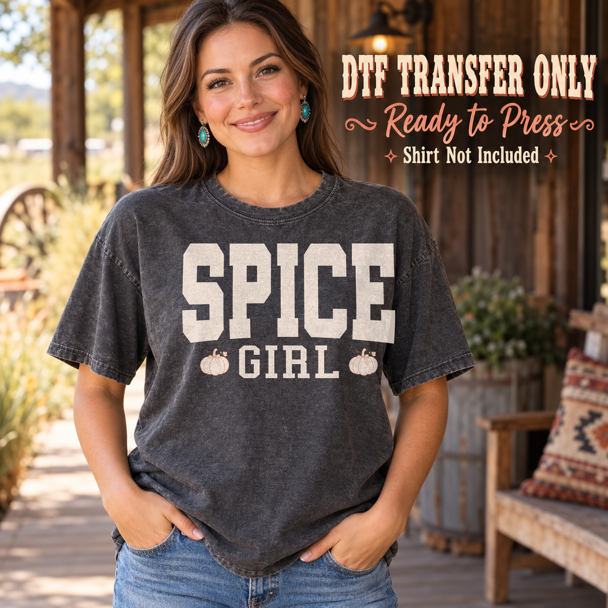 Funny Fall Spice Girl design shown on a charcoal shirt worn by a model; DTF transfer only, shirt not included.