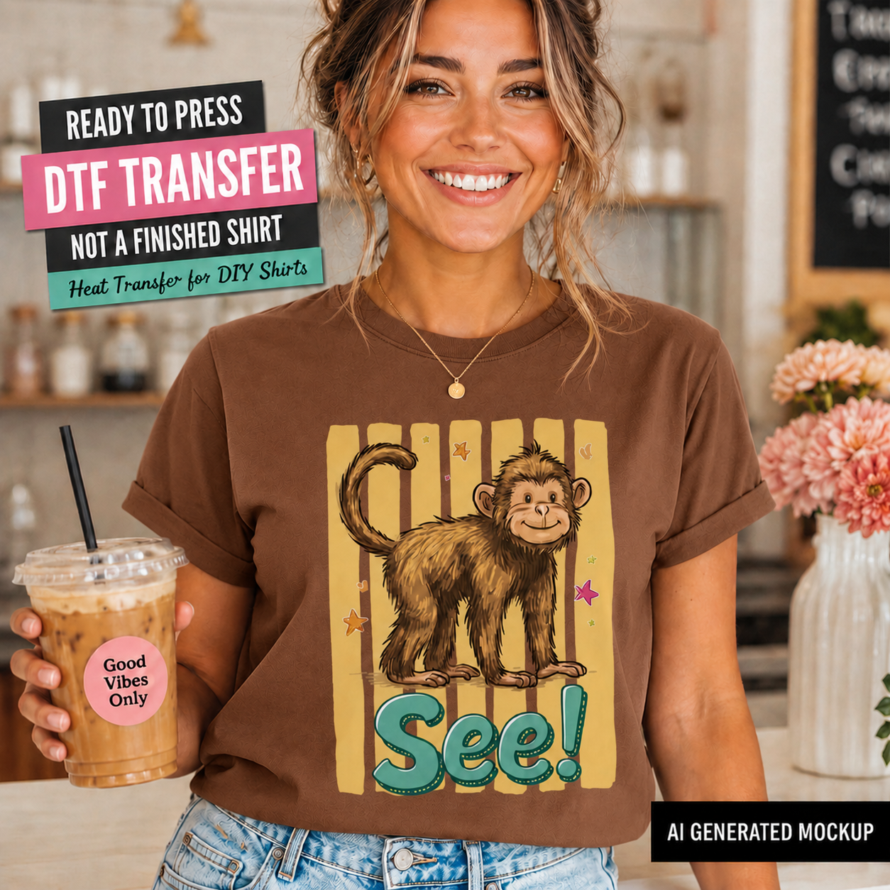 Woman wearing Funny monkey DTF transfer shirt with See cute animal design, ready to press heat transfer for DIY animal shirts